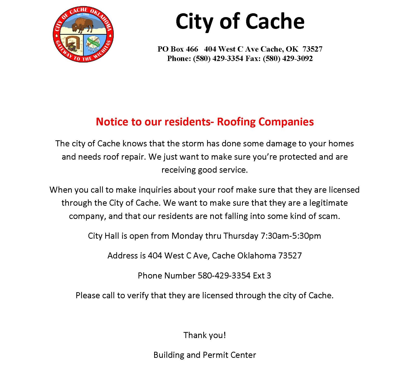 Notice for our residents City of Cache